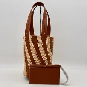 SIMKHAI Talia Raffia Embroidered Leather Bucket Bag Sable Tan